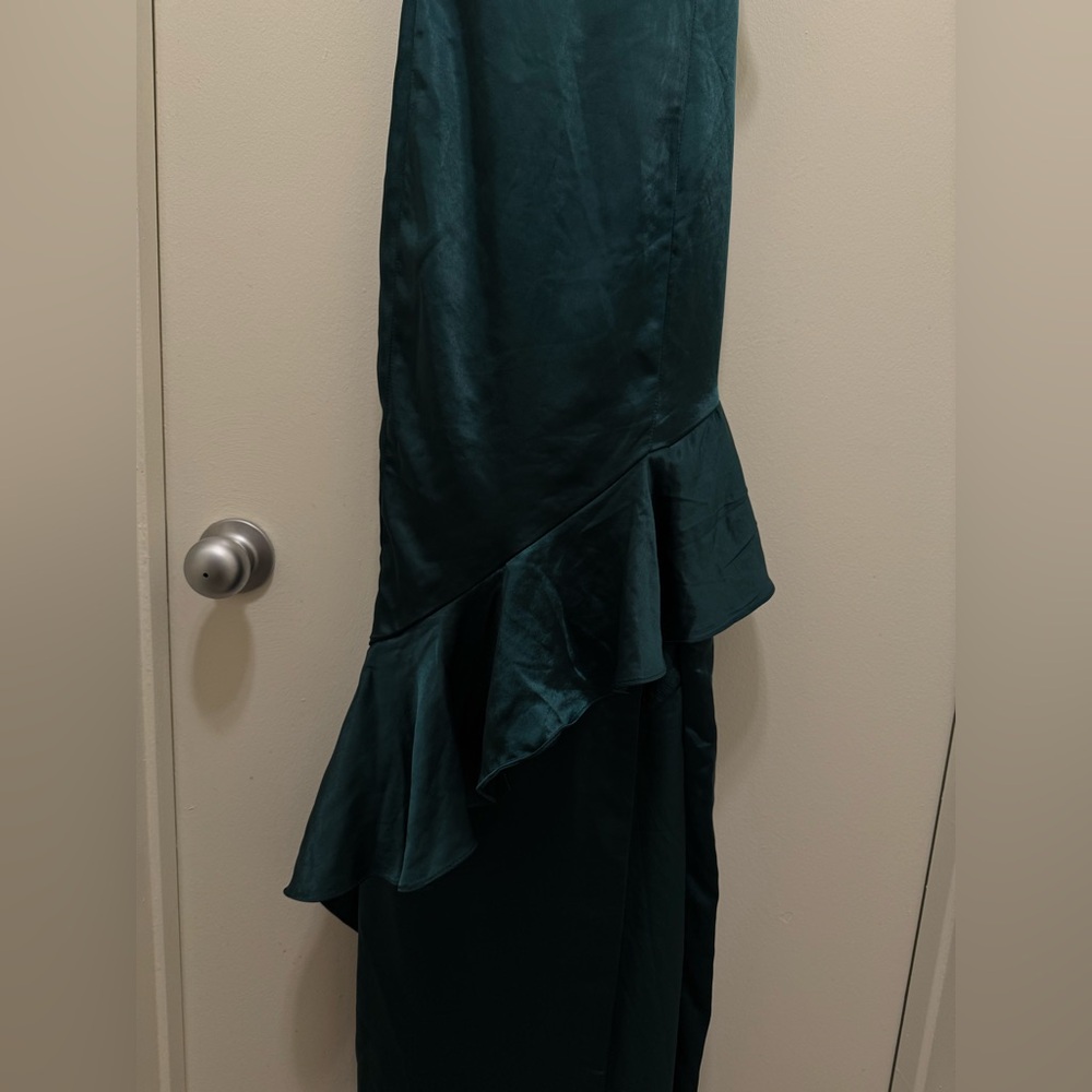 SOLD OUT Lucky Lady Hunter Green Satin Ruffled Maxi Dress - Picture 10 of 12